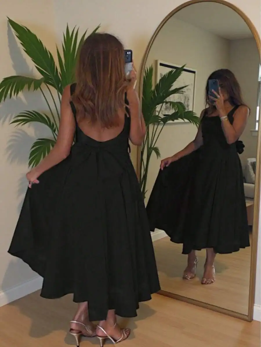 

Lightweight Elegant Solid Color Waist-Cinched Back Bow Cami Dress Spring Summer