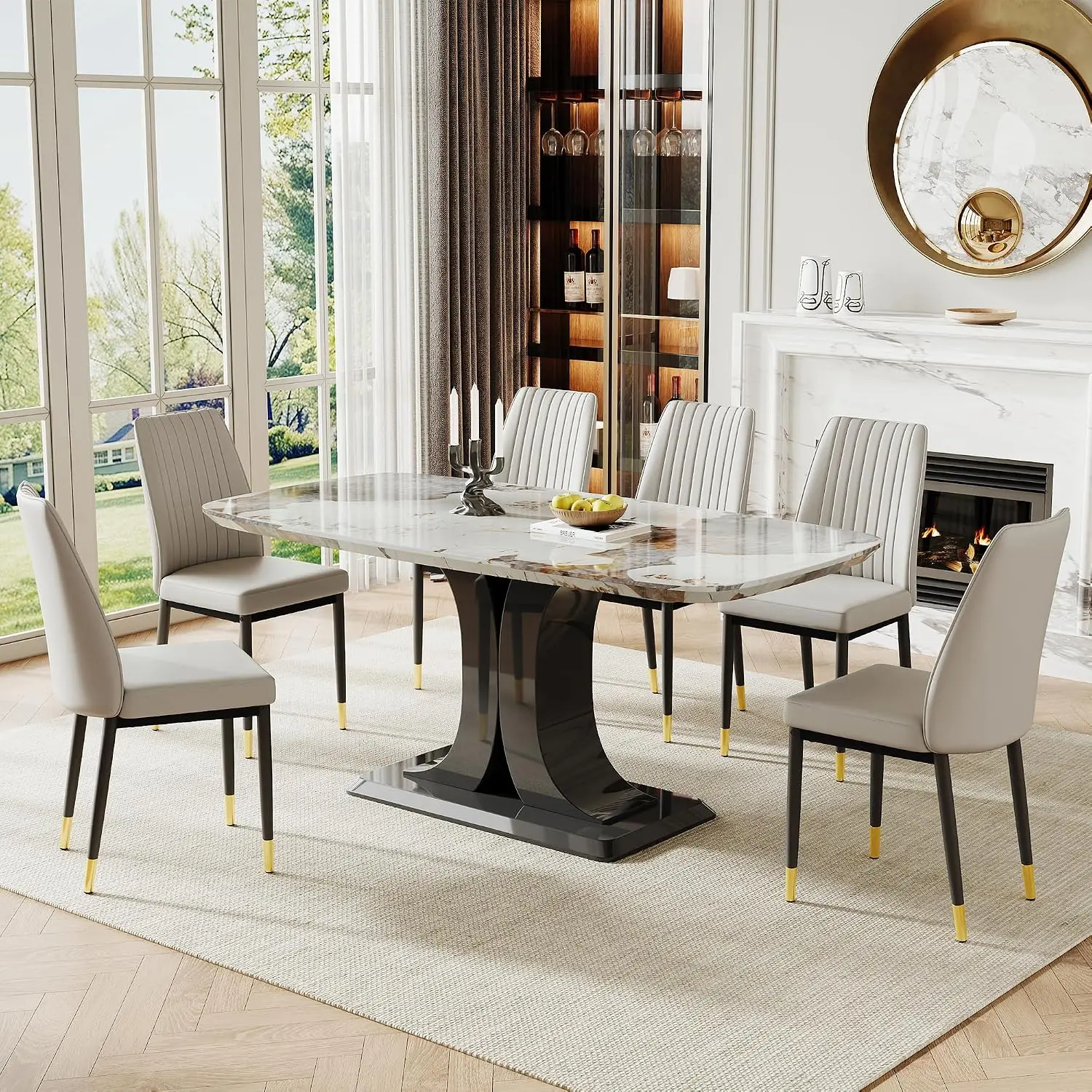 Modern Dining Table Set for 6, Marble Kitchen Table Chair Set for 6, Rectangular Kitchen Table with 6 Pu Leather, Customized