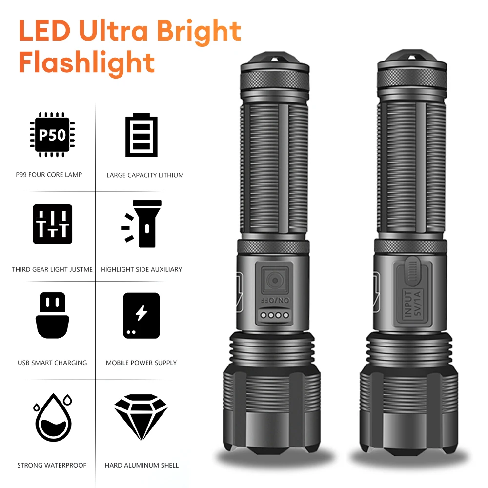 XHP70 Powerful Flashlight Aluminum Alloy Zoom Electric Torch Waterproof USB Charging Long Range Flashlight for Outdoor Camping