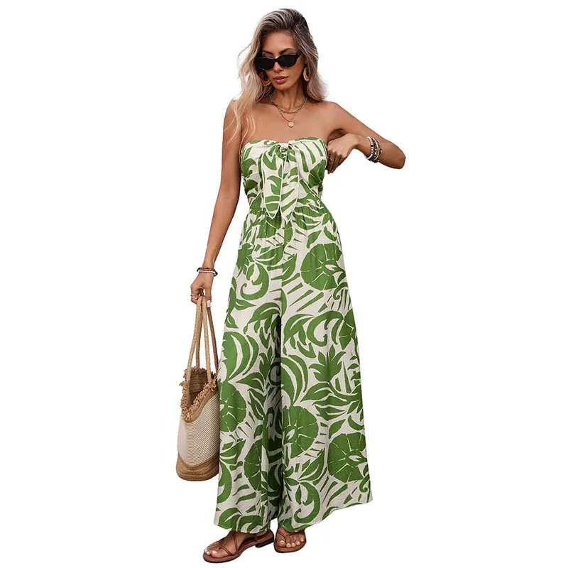

Women's Summer Jumpsuit High Waist Sleeveless Romper Tropical Print Long Jumpsuit Green And White Maxi Length Wide Leg Jumpsuit