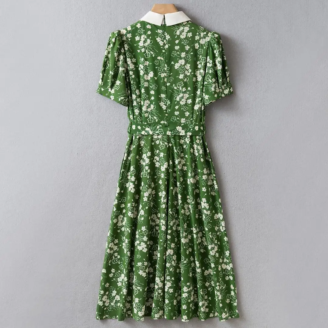 White Polo Collar Green Floral Printed Silk Midi Dress UK 6-UK 16