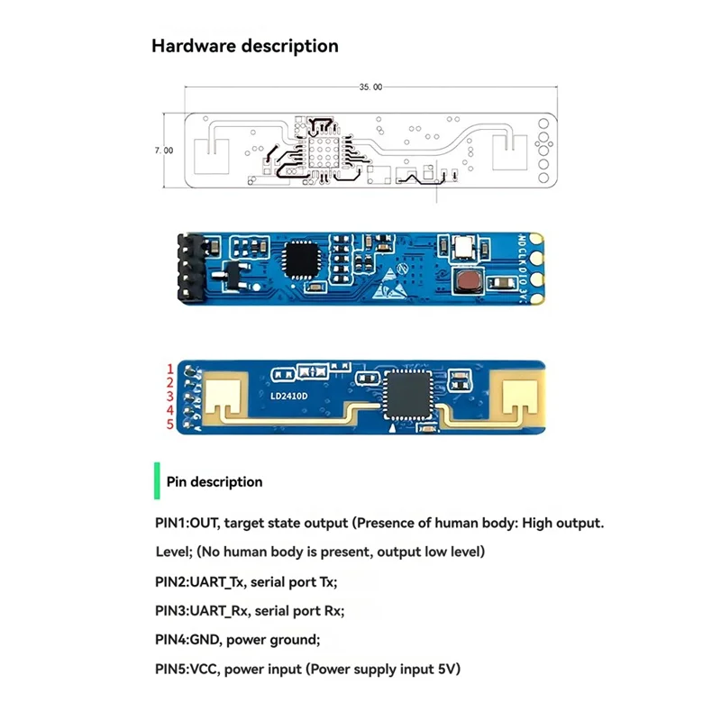 

Y45A-HLK-LD2410D Датчик обнаружения микроможения человека 24 ГГц 5 В Мощность Радарный модуль движения Индикатор состояния присутствия человека