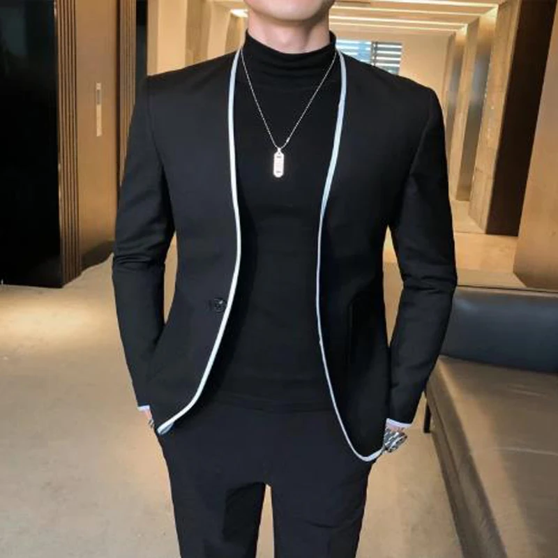 

Black Casual Men Suits with Round Collar 2 Piece Blazer with Pants Slim Fit Wedding Tuxedo for Groomsmen Male Fashion Clothes