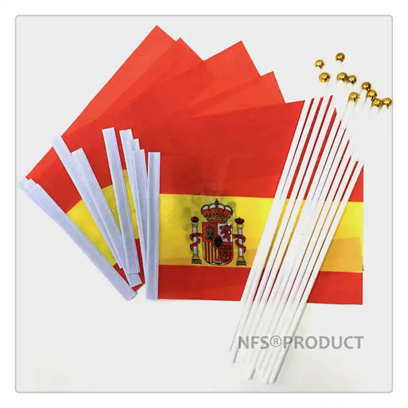 10PCS Spain Flags Small Stick 14x21cm Handheld National Spanish Flag With Flagpole For Decoration Celebration Parade Sports