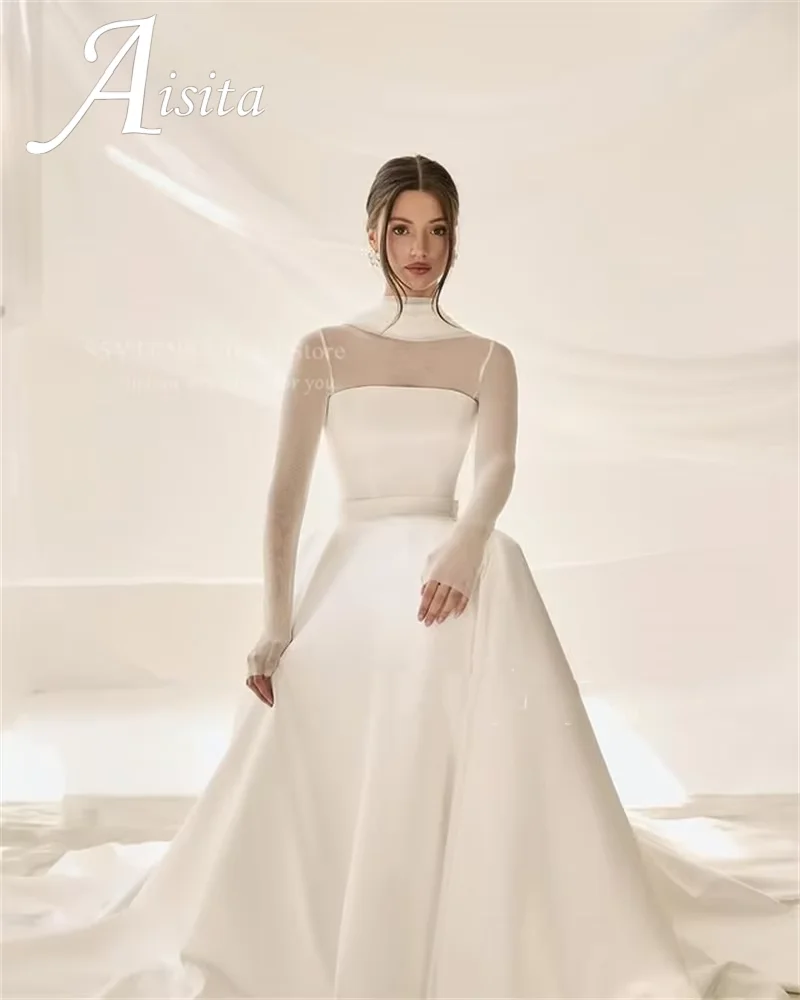 Modern Lady Satin Wedding Dresses A-Line High Neck Illusion Long Sleeves Bride Dresses Scarf Women Civil Bridal Gown Customized