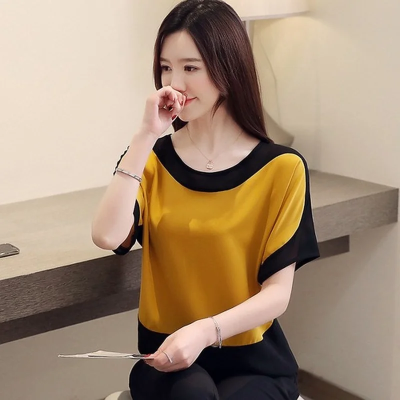 2026 Fashion New Women O-neck Patchwork Shirt Short Sleeve Casual Chiffon Blouse Summer Elegant Casual Tops 6
