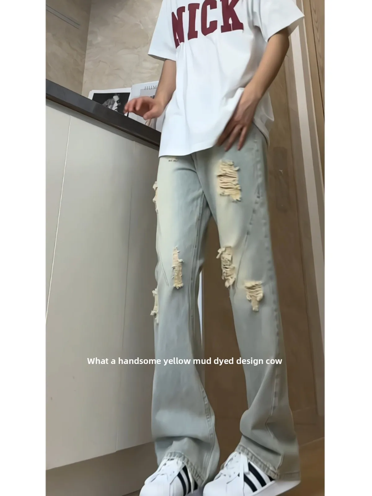 

Мужские свободные джинсы прямого кроя с эффектом потертости в американском стиле, слегка расклешенные брюки, молодежные, модные, в стиле High Street, для активного образа жизни