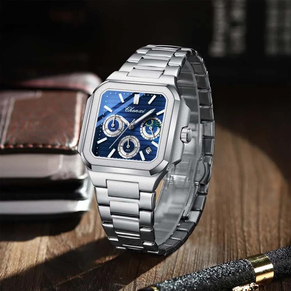 CHENXI 966 Luxury Quartz Steel Strip Men's Watch Waterproof Luminous Chronograph Calendar Square Watches for Men Reloj Hombre