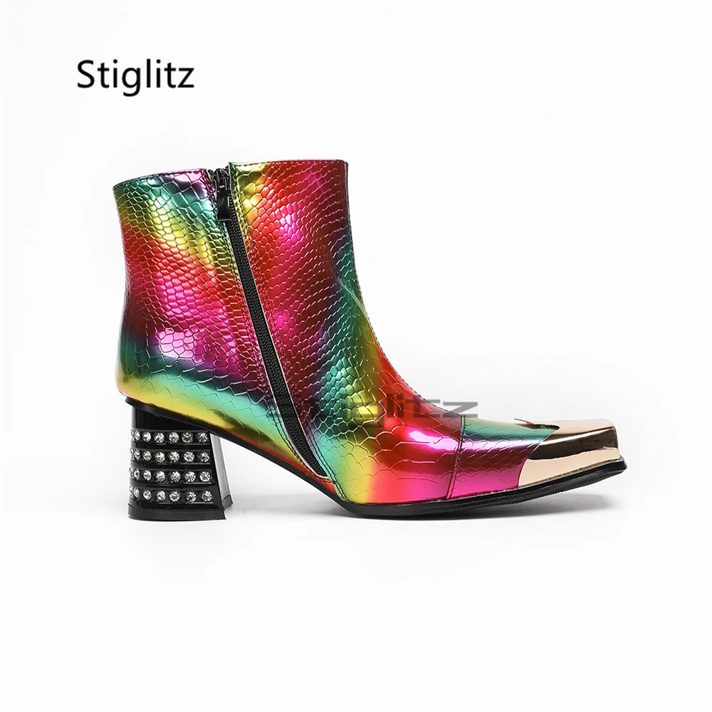 Rainbow Snake Print Ankle Boots for Men Metal Square Toe Side Zipper Chelsea Boots Rhinestone Chunky High Heels Party Shoes