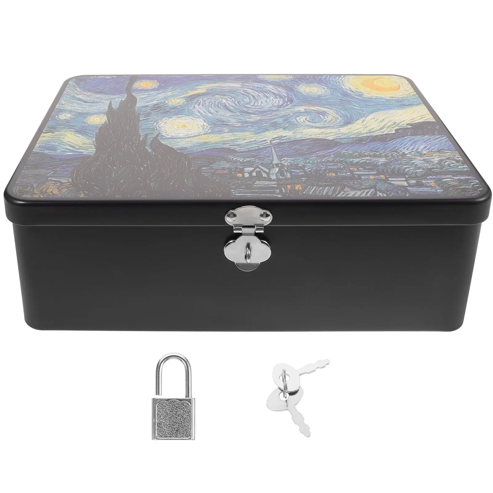 

Retro Tinplate Storage Box with Lock for Jewelry Gifts Vintage Keepsake Container Sturdy Large Size Night Theme