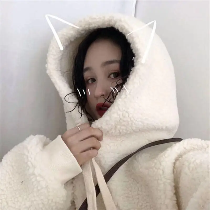 Autumn Hoodie Pullover Women Fleece Hooded Sweatshirt Winter Loose Oversized Casual Student Solid Color Jacket Cute Kawaii Tops