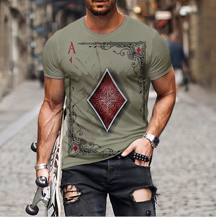 Men\'s Punk Style Short Sleeve Imitation T-shirt Vintage Poker Pattern Printed Top T-shirt Men\'s Street Wear