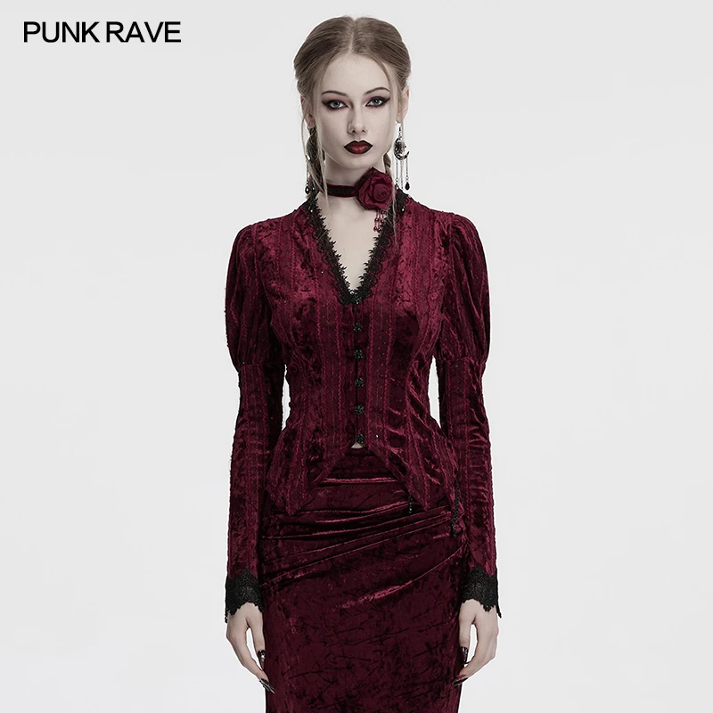 

PUNK RAVE Women's Lace Embroidered Velvet Classic Gigot Sleeves Shirt Lace Retro Layering Adjustable Rope Sexy Slim Tops