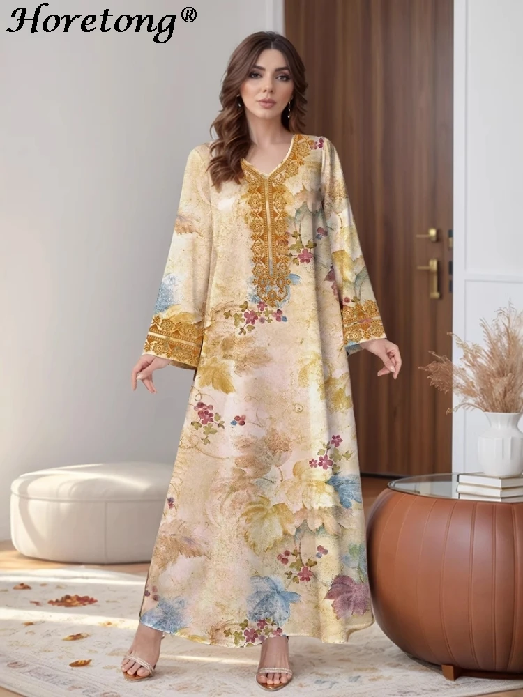 

Horetong 2026 Summer Muslim Abaya Women Dress Placement Floral Print V Neck Long Sleeve Loose Modest Islamic Eid Party Maxi Robe