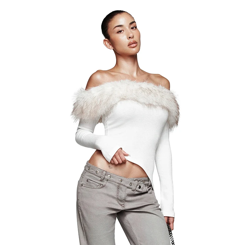 CUTENOVA, recién llegado, Otoño/Invierno para mujer, cuello con hombros descubiertos, piel sintética, retales, manga acampanada, Top, blusa Sexy de moda urbana