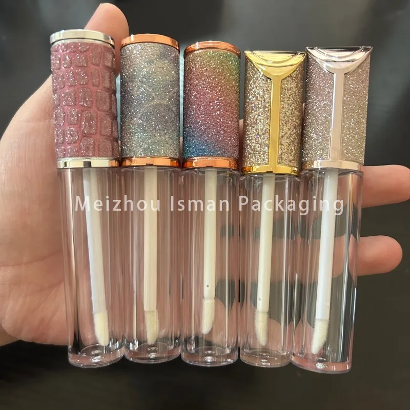 50Pcs empty luxury round bling rainbow glitter top lipgloss packaging shiny lip gloss container wand tubes with brush 5ml