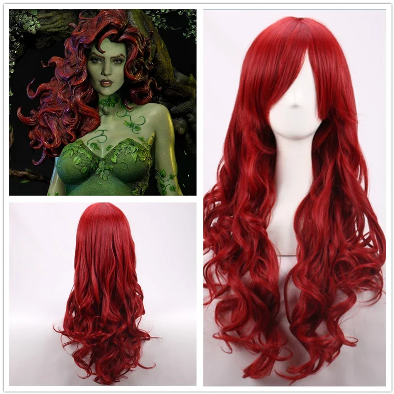 70cm Dark Red Long Wavy Heat Resistant Synthetic Hair Wigs Anime Poison Ivy Cosplay Wigs