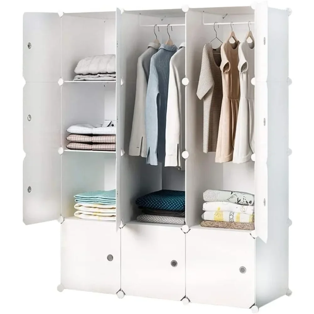 

Portable Wardrobe Closets 14"x18" Depth Cube Storage, Bedroom Armoire, Storage Organizer with Doors, 12 Cubes, White