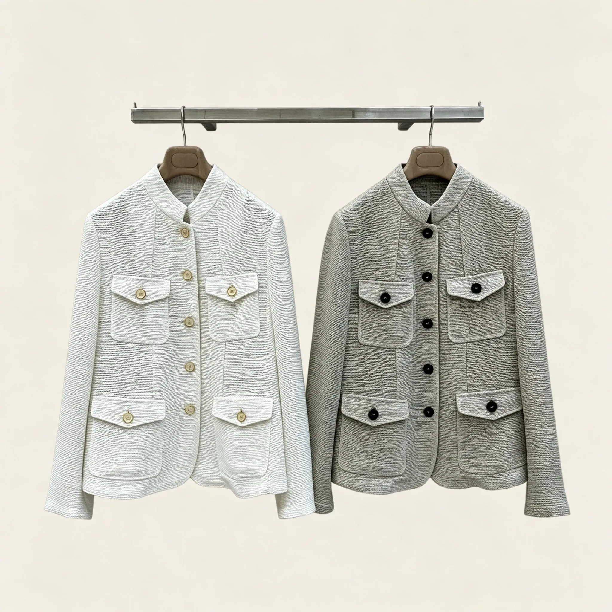 Women's 2026 Autumn Winter New High‑End Gold Button Woven Texture Stand Collar Blazer