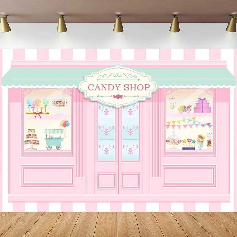 Candy Shop Photography Backdrop For Girls Pink Candyland Sweet Lollipop Shoppe Birthday Party Background Balloon Table Dessert