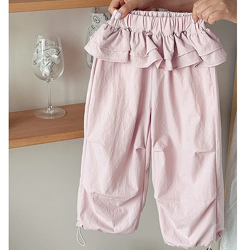 女の子用夏用軽量花柄カジュアル蚊よけパンツ、ドローストリング付き速乾性おしゃれキッズコットンパンツ