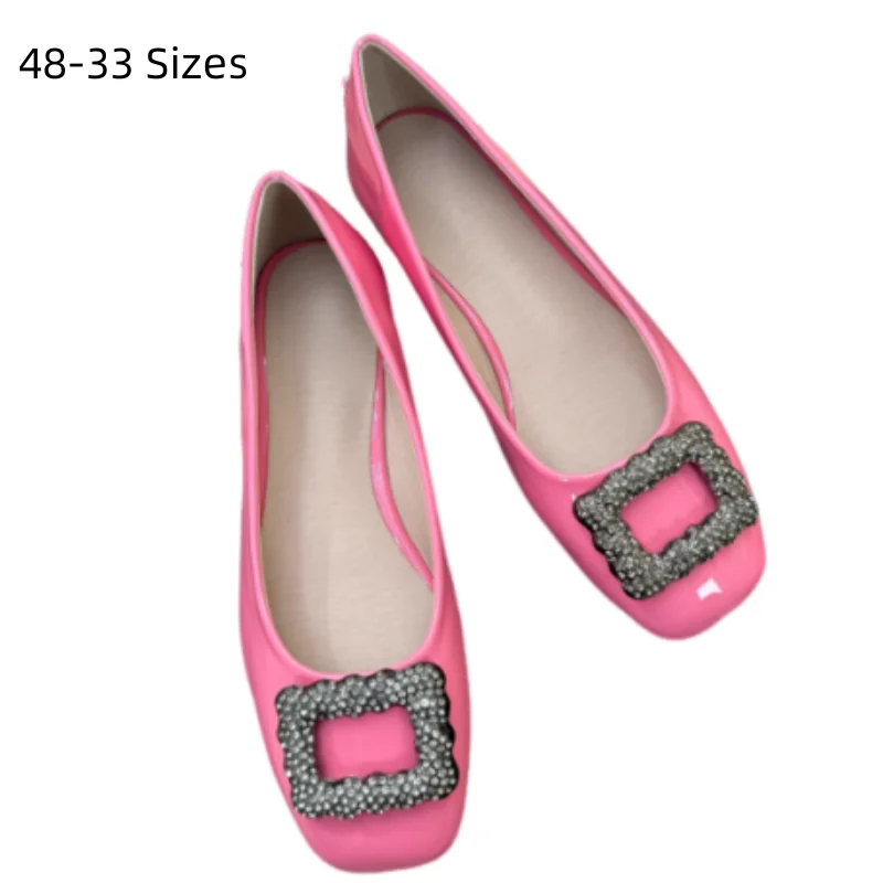 Women Artificial Leathers Flats Square Toe Black Crystal Buckle Slip-On Orange Green White Daily Comfortable Shoes Wide Fits 48