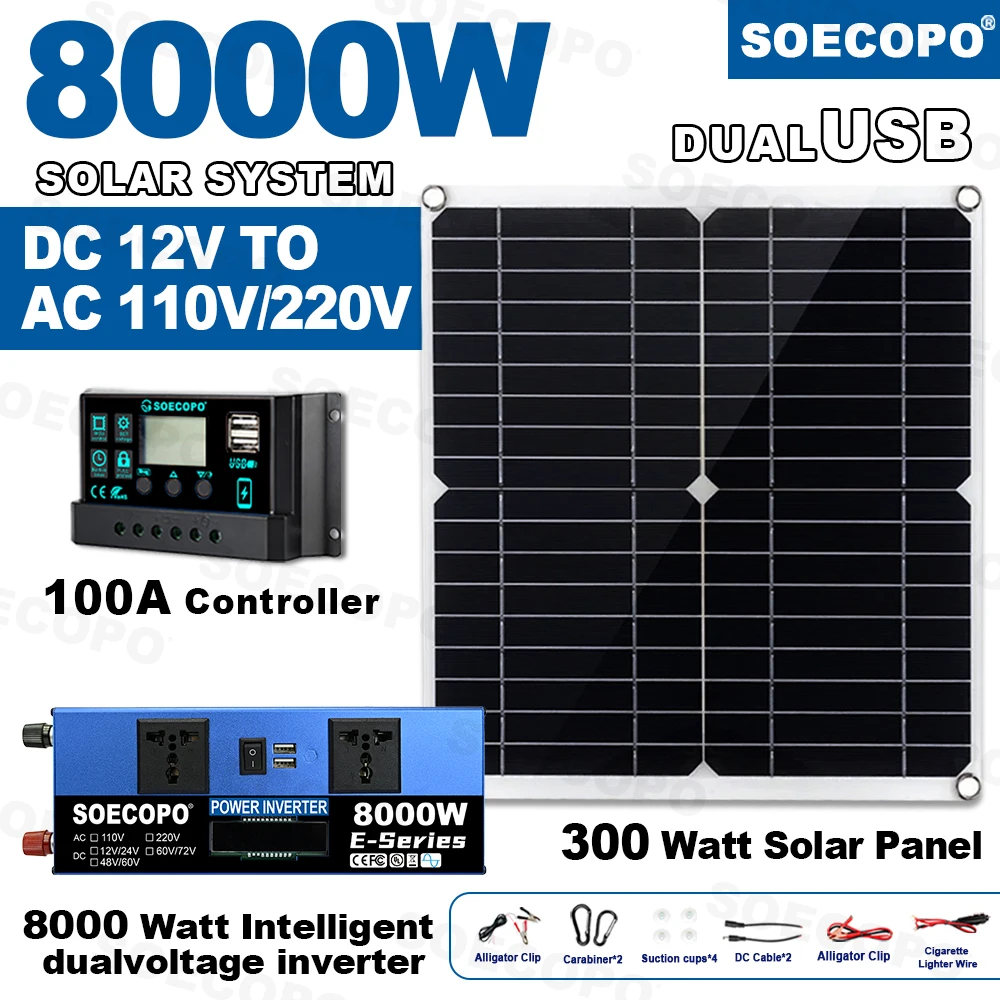 8000W Solar System Power Kit 12V/24V Dual Voltage with LCD Inverter 100A Controller 300W Panel for Home/RV/Camping Power Station