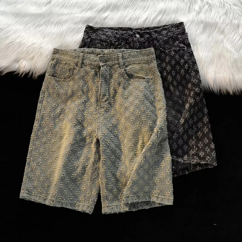 Fashion Casual Summer Light Blue Distressed Men Denim Shorts Smart Straight Leg Loosen Male High Street Niche Design Tide Shorts