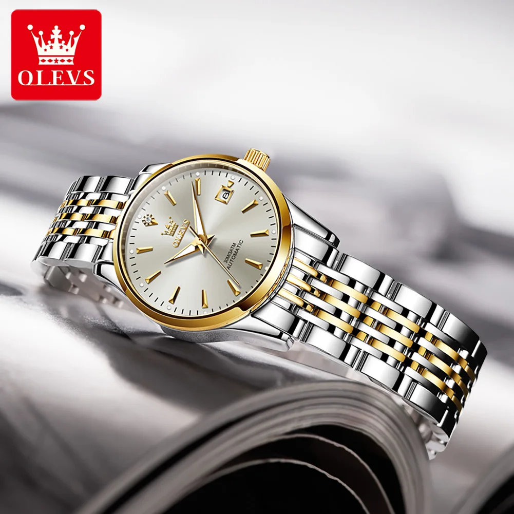 OLEVS العلامة التجارية ساعة الصلب قطاع تقويم واحد ساعة ميكانيكية أوتوماتيكية بالكامل ضوء الليل مقاوم للماء ساعة نسائية 6635