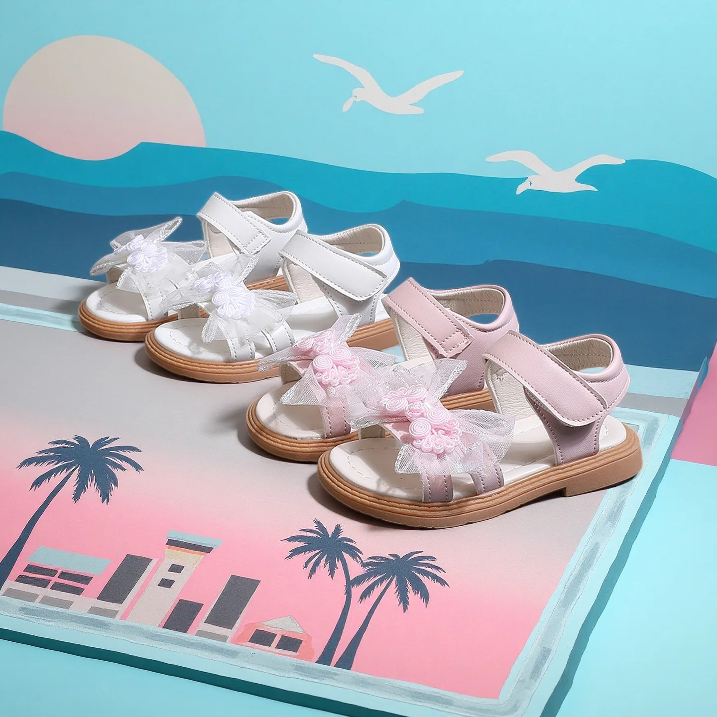 

COMFY KIDS Сандалии для девочек с тюлевым бантом и цветочным декором, регулируемая застежка-липучка, мягкая подошва, летняя повседневная пляжная обувь