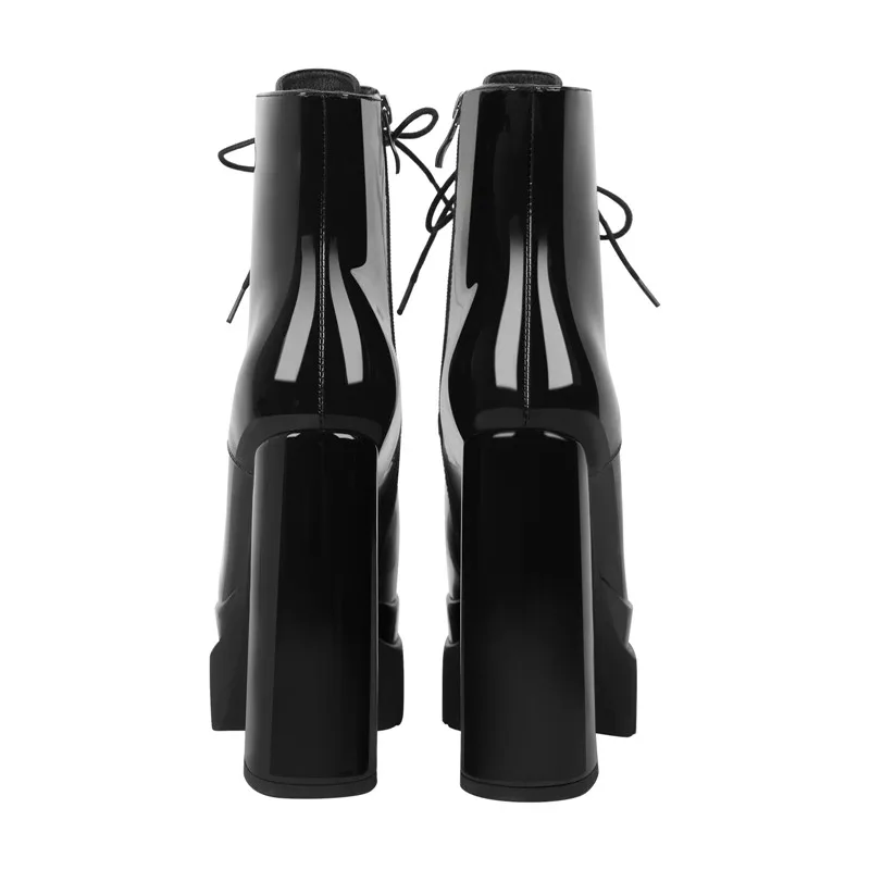 Onlymaker Women Platform Square Toe Ankle Boots Block Chunky High Heel Black Matte Lace Up Thick Party Dress Winter Booties