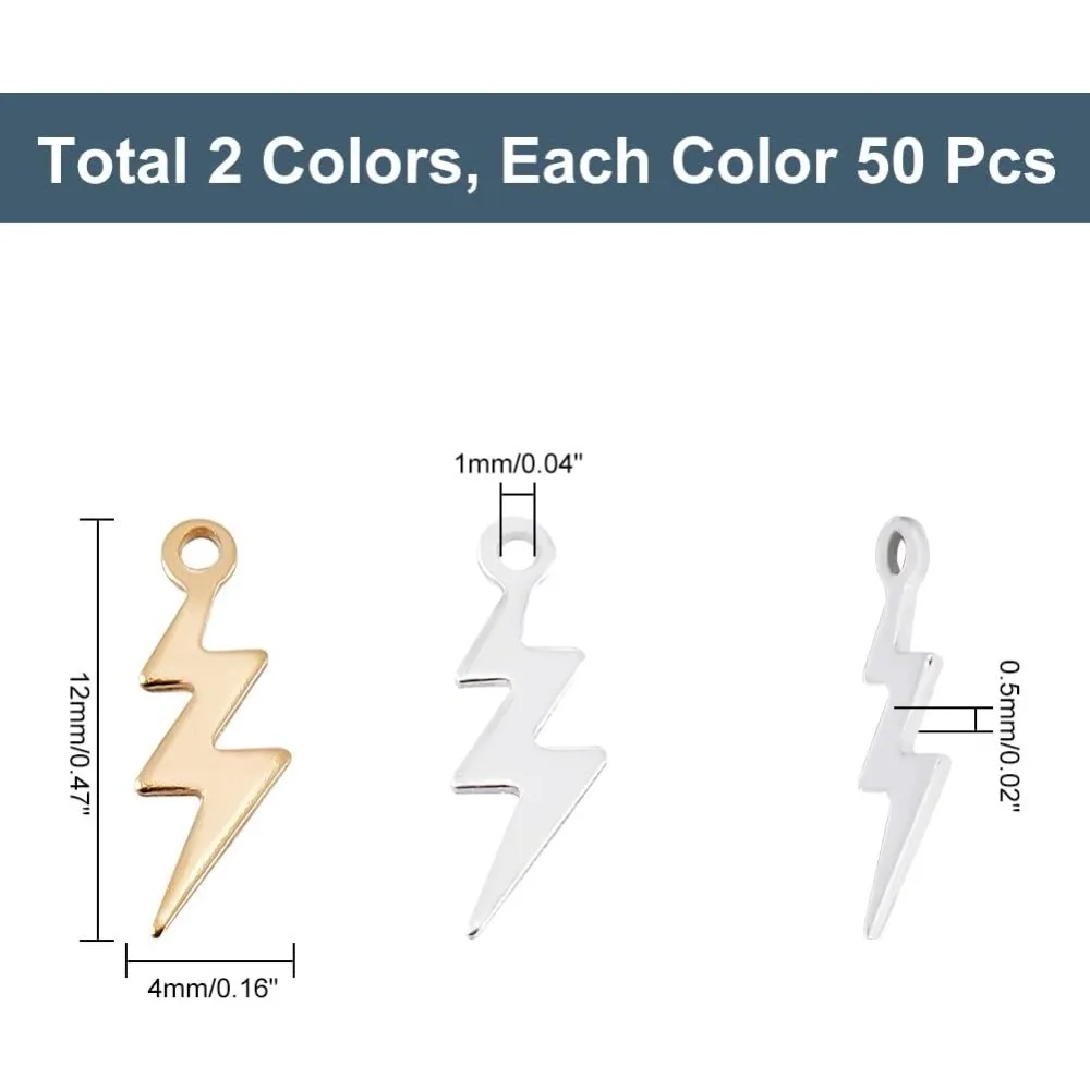 100Pcs 2 Colors Lightning Bolt Charms Golden and Silver Pendants Charms Brass Flash Shape Dangle Charms for Jewelry Making