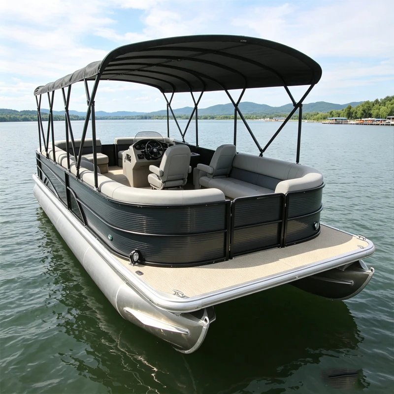 22FT Black Pontoon Boat With Full Shade Canopy And Central Console Customized