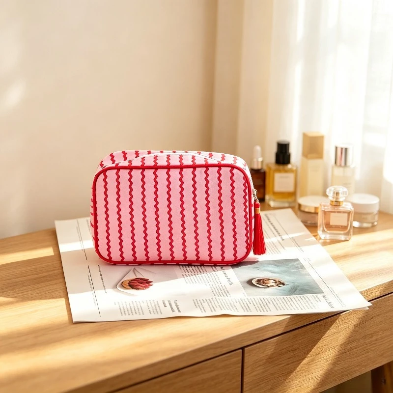 Striped Canvas Makeup Bag Portable Waterproof Toiletries Organizer Lightweight Durable Perfect for Toiletries Skincare Tools
