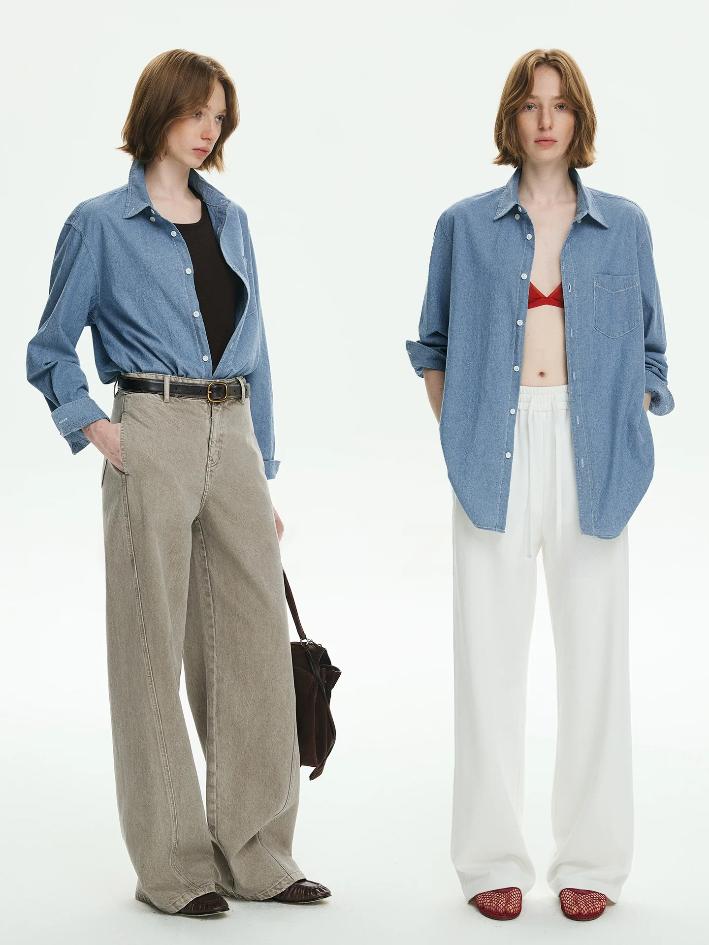 

UZZO Vintage Waed Blue Denim Paper Doll irt Women's Loose Fit Neutral Sle Layering Spring Cotton Long Sve Button up