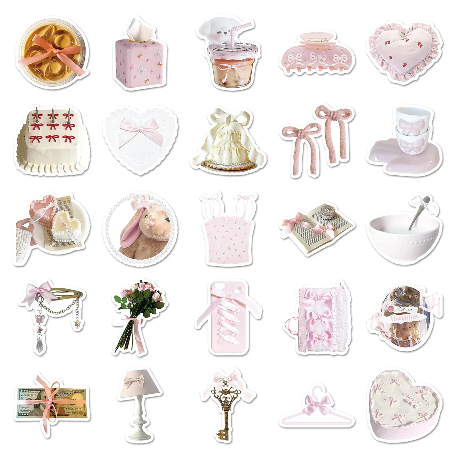50pcsBow Ins Sticker Pink And White Cute Little Fresh Girl Heart Waterproof Decorative Mobile Phone Account Sticker