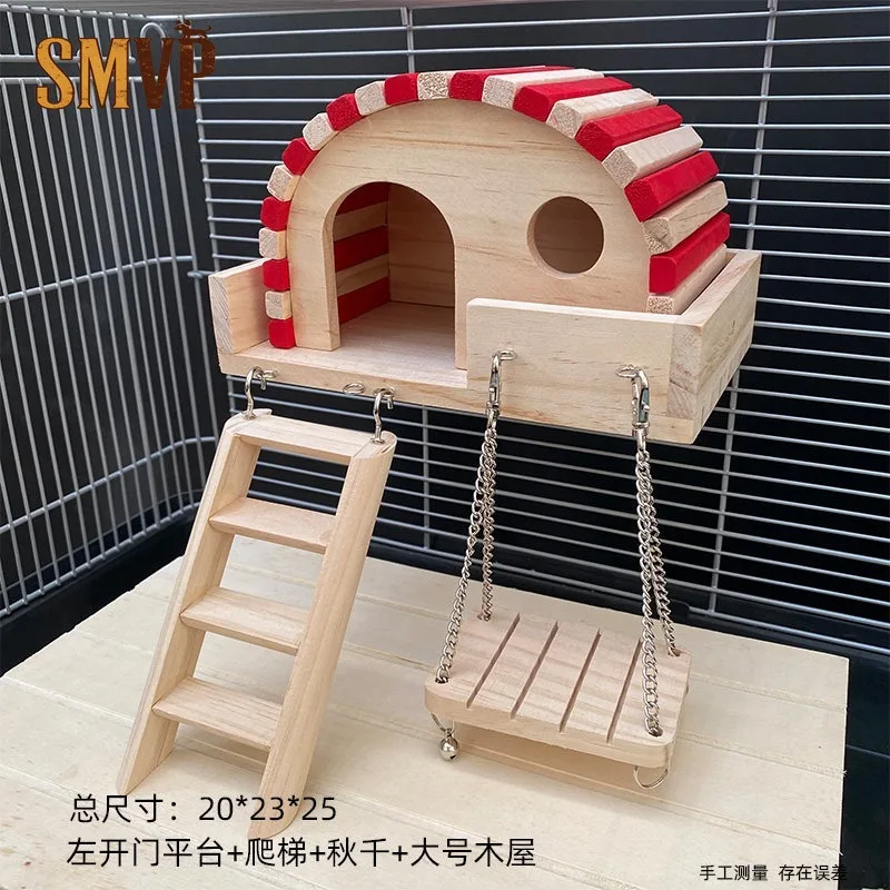 Two-story Solid Wood Hamster King Quail Shelter House Hideout with Platform Ladder Swing Chewing Toy Cage Landscape Decoration