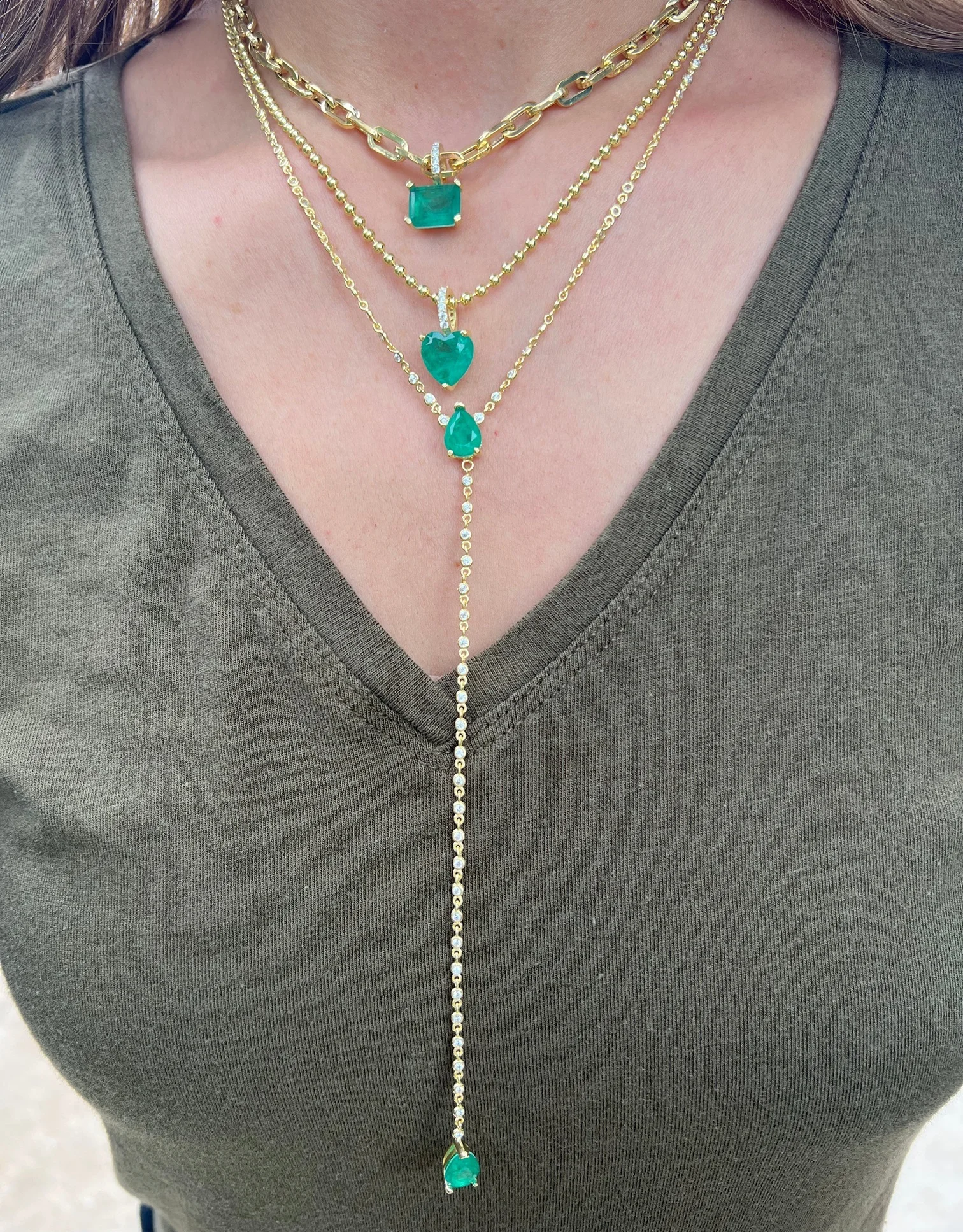 Sexy Women Long Y Lariat Necklace with Bezel Cubic Zirconia Round CZ Station Chain and Green Tear Drop Stone Hot Selling Jewelry