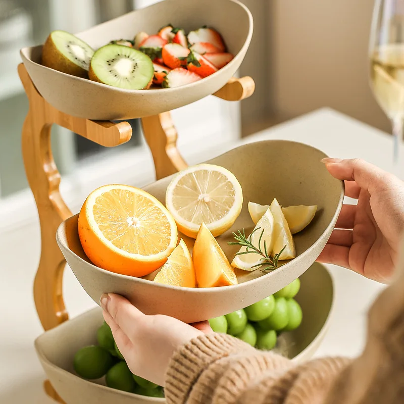 3-Tier Ceramic Fruit Plate European Style Dried Fruit Tray with Bamboo Rack for Home Snack Candy Storage