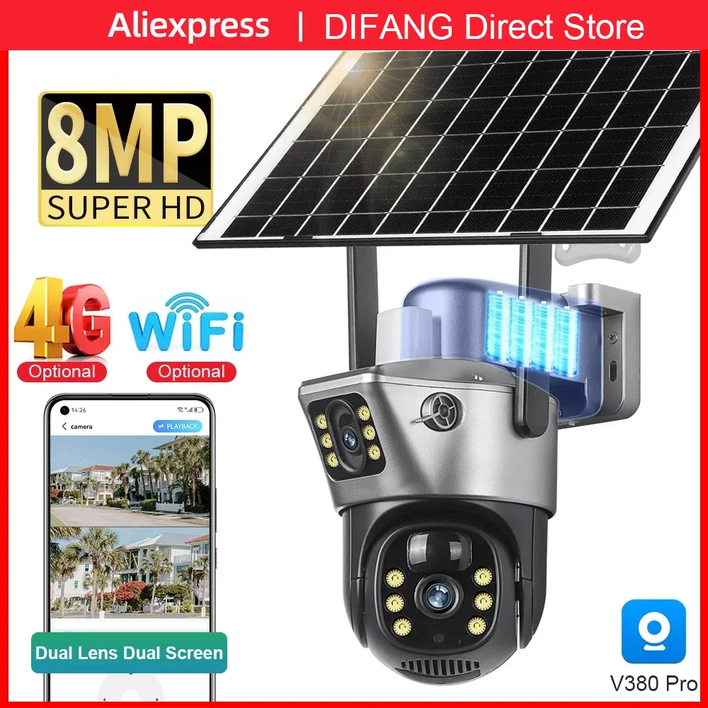 

Outdoor 4K UHD Solar Camera 4G 8MP Dual Lens Wireless WiFi PTZ Dual Screen Security Protection Automatic Tracking IP Camera CCTV