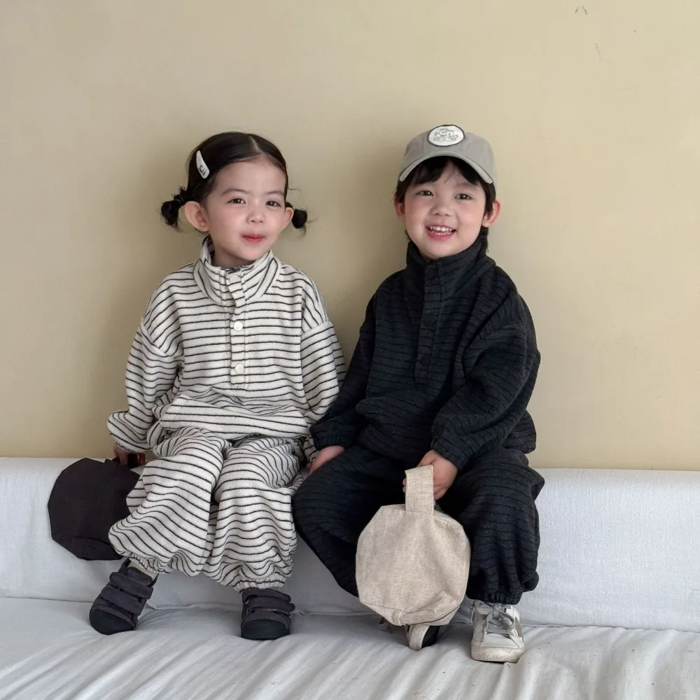 2026 New Spring Autumn Kids Striped Terry Cloth Tracksuit, Loose Casual Sweatshirt Outfit for Toddler Baby Boys and Girls