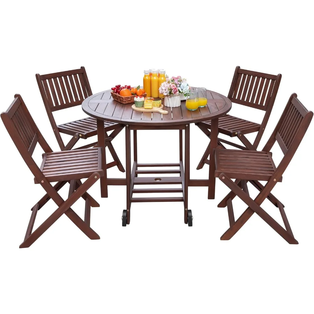 

5 Piece Patio Dining Set Outdoor Acacia Wood Furniture All-Weather Folding Round Table and Chairs for Backyard, Balcony,Porch