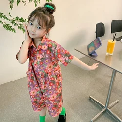 Children Girls Pants Shirt Collar Flowers Print Jumpsuit Kids Summer Loose Girl Cute Trousers Pant 3-8 Years