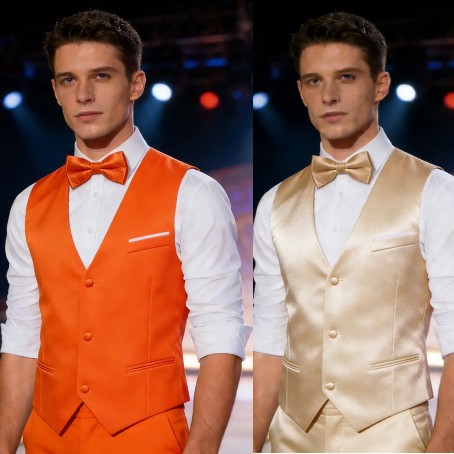 

Men's Suit Vest V-Neck Orange Champagne Waistcoat with bow tie hanky cufflinks and tie Jacquard Solid Business Wedding Pary