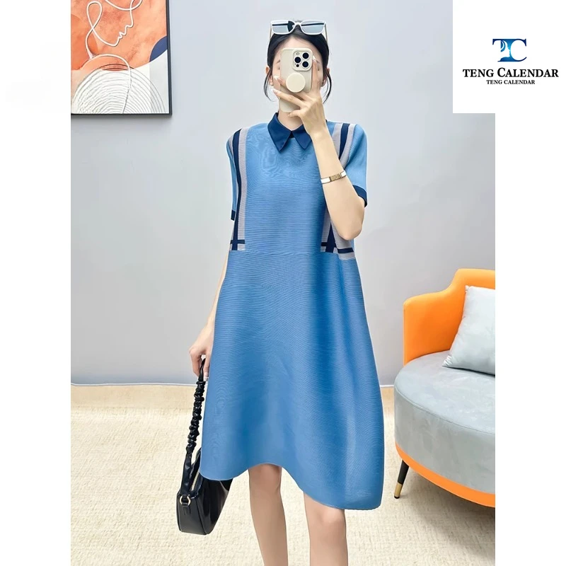 

Summer Dress, Color Blocking Lapel Pleated Loose High-end Temperament Casual Oversized Slimming Long Skirt, Women's New 2024