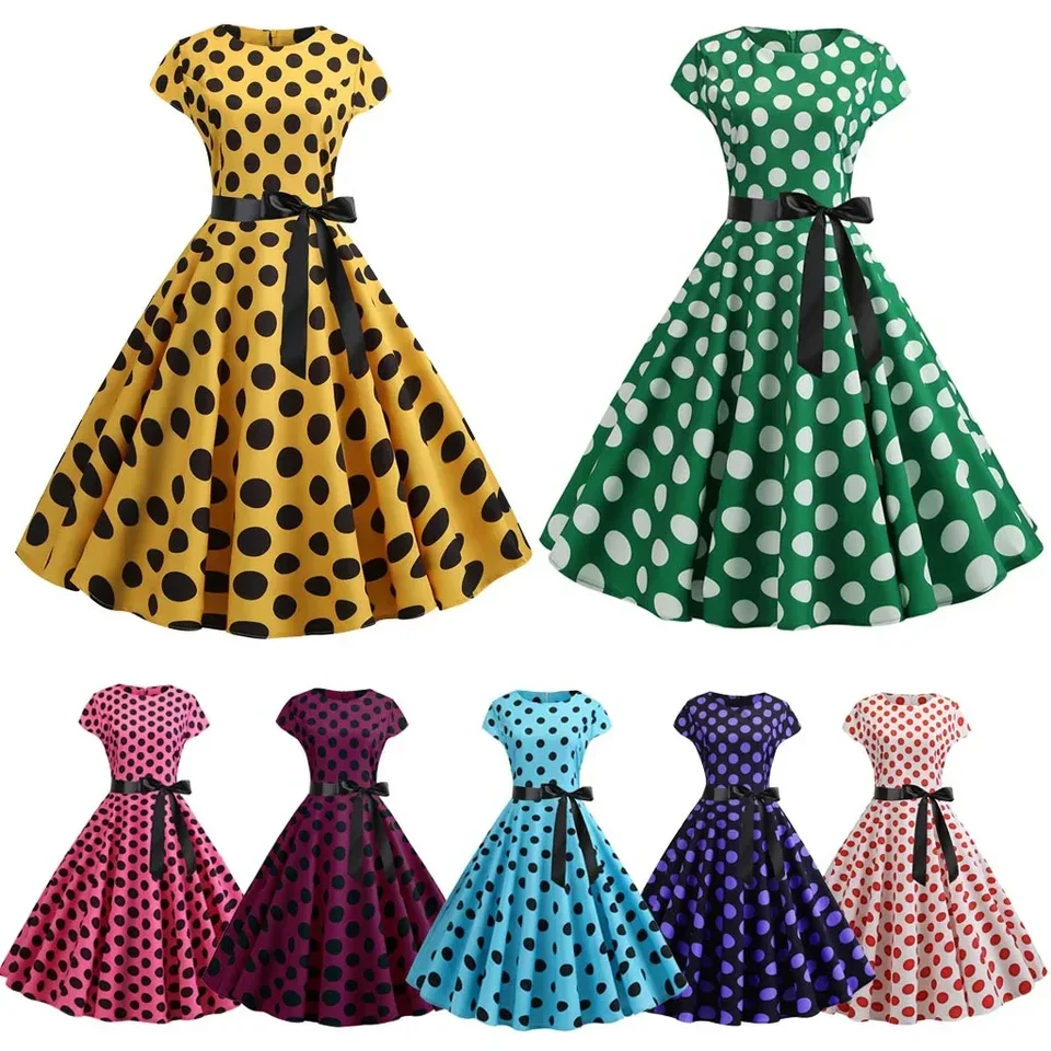 

Women Vintage 1950s 60s Polka Dot Print High Waist A-line Swing Party Dress Retro Short Sleeve With Belt Evening Prom Dress