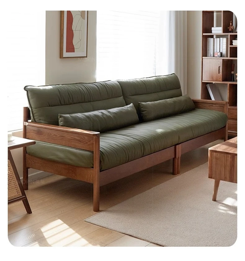 New Chinese-style solid wood sofa small apartment living room three-person retro walnut color down leather sofa first layer