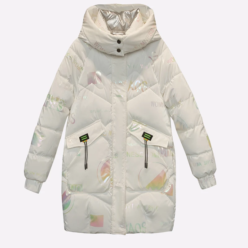 KBAT Black Letter Print Glossy Parka Coat Women\'s Thicken Winter Hooded Loose Jacket Female Windproof Rainproof Warm Outwear