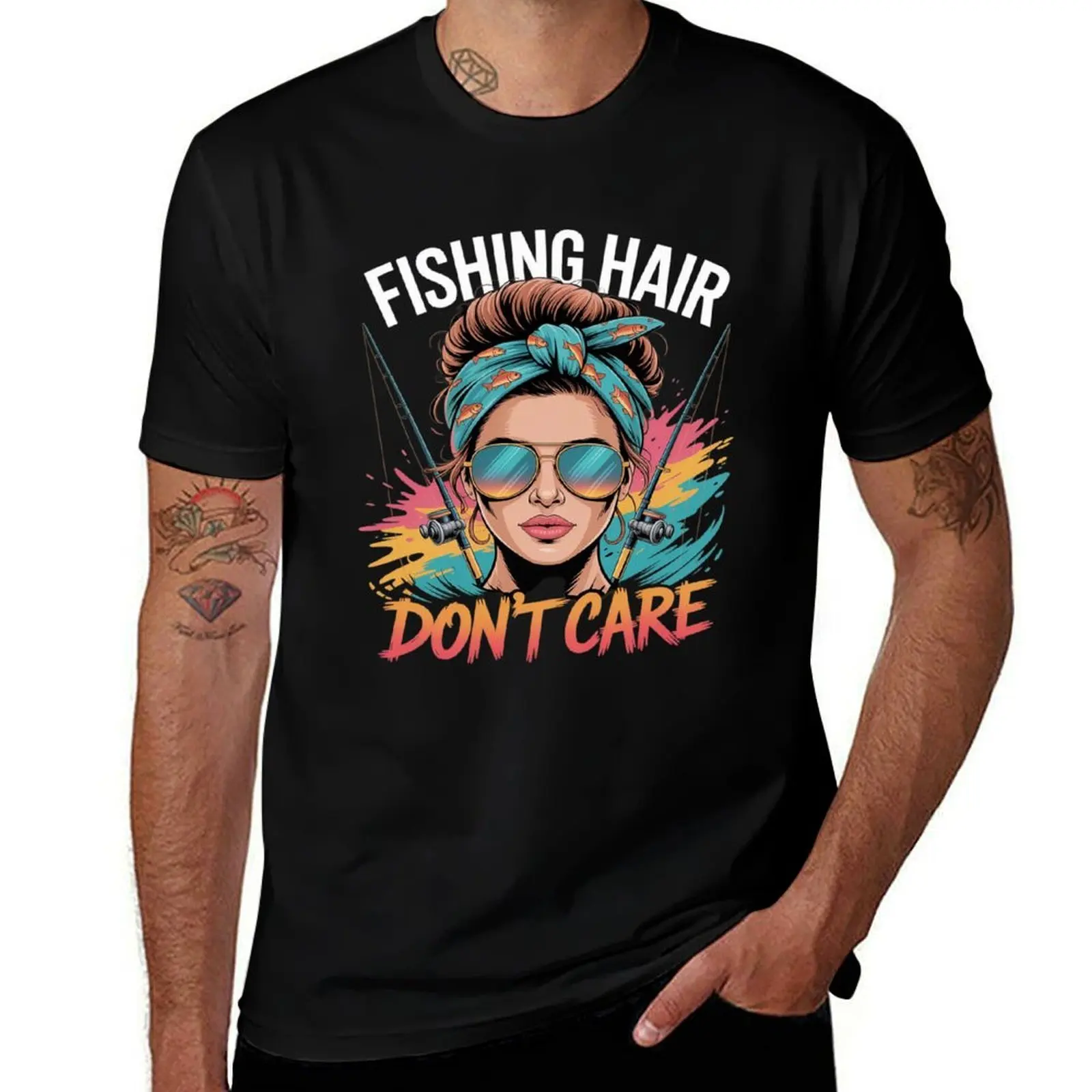 

Fishing Hair Don't Care with Sunglasses and Rod T-Shirt animal prinfor boys street wear boys whites plain white t shirts men