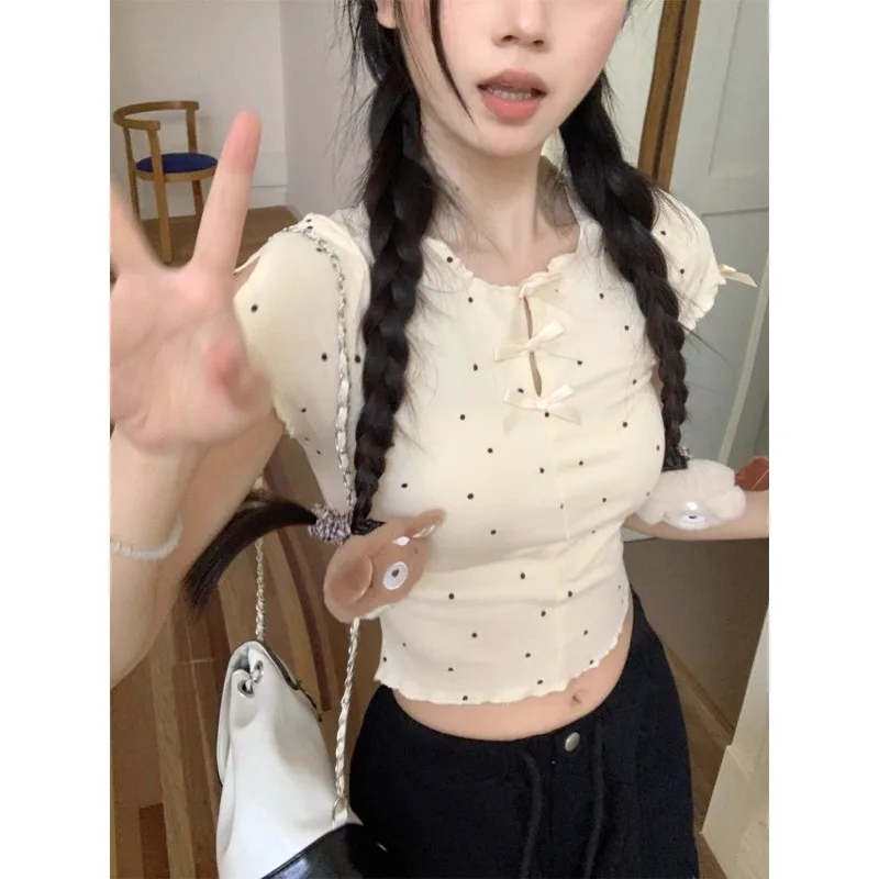 

Sweet simple polka dot bow design short sleeve t-shirt fashion women's summer short slim chic top